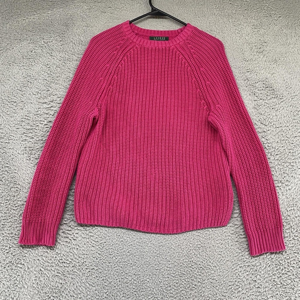Lauren Ralph Lauren 100% Cotton Sweater Womens M Pink Chunky Knit Crew Neck